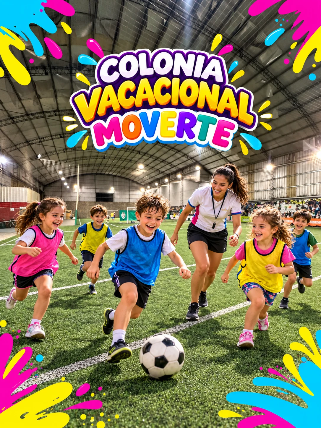 Colonia vacacional MOVERTE: escena ilustrativa con chicos sobre la cancha real